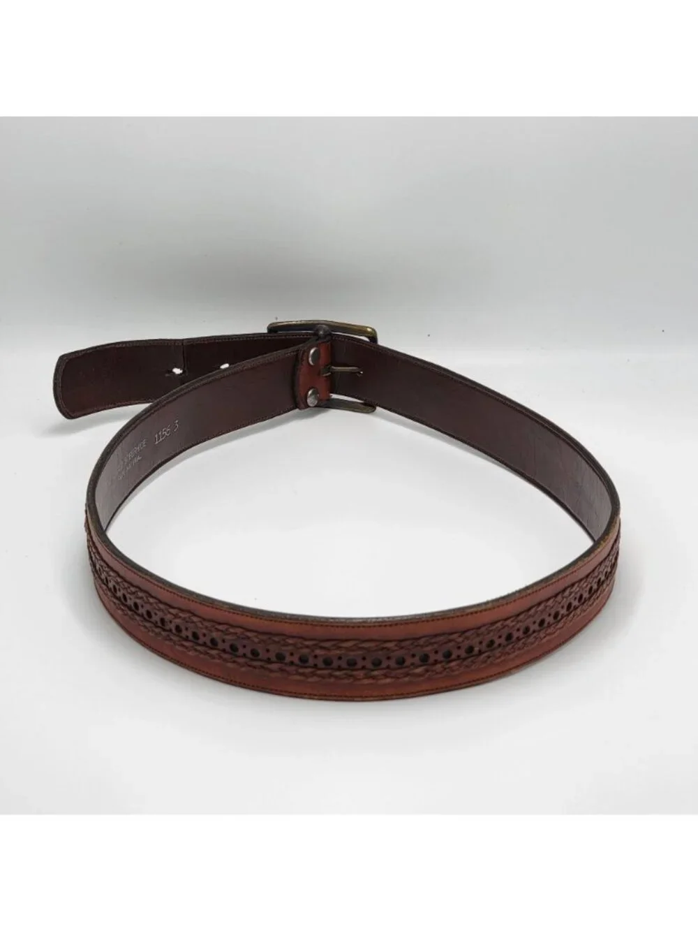 Vintage Brown Leather Belt With Braided & Perforated Details Solid Brass Buckle